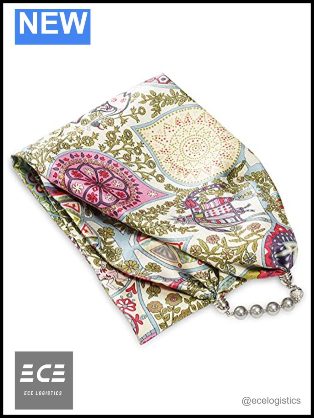 100% Pure Silk Scarf with Pearl Magnetic Clasps Handcrafted Floral